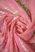 Load image into Gallery viewer, Coral Pink Sequin Fabric by the Yard | 3mm Iridescent Stretch Sequins on Mesh Shiny Glitz Fabric for Weddings, Parties, Costumes and Crafts.