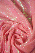 Load image into Gallery viewer, Coral Pink Sequin Fabric by the Yard | 3mm Iridescent Stretch Sequins on Mesh Shiny Glitz Fabric for Weddings, Parties, Costumes and Crafts.