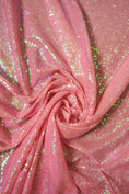 Load image into Gallery viewer, Coral Pink Sequin Fabric by the Yard | 3mm Iridescent Stretch Sequins on Mesh Shiny Glitz Fabric for Weddings, Parties, Costumes and Crafts.