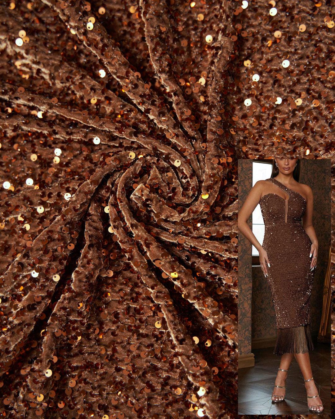 Brown Velvet Fabric, Sequin Fabric, Stretch Velvet Fabric by the Yard,   NEXTSTYLE FABRICS