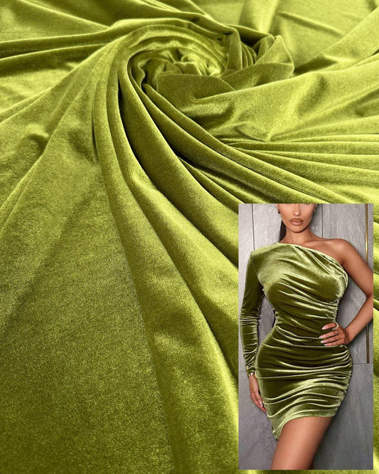 Olive Green Stretch Velvet - 4 Way Stretch Fabric by the Yard for Women's Dresses, Antique Designs, Fashion Bows, Evening and Prom Dresses