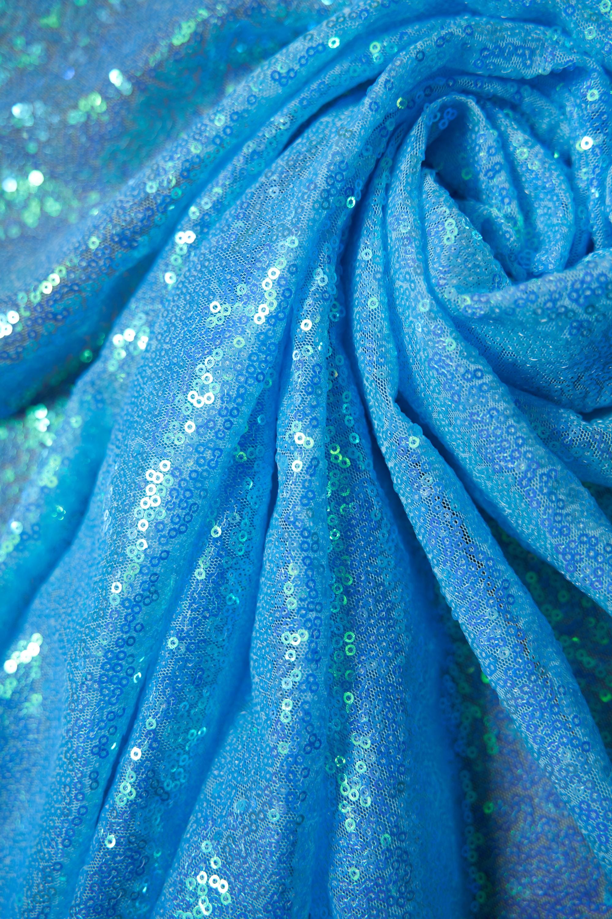 Blue Sequin Fabric by the Yard -3mm Iridescent Stretch Sequins on Mesh for Weddings, Costumes & Glamorous Projects, Prom and Evening Dresses