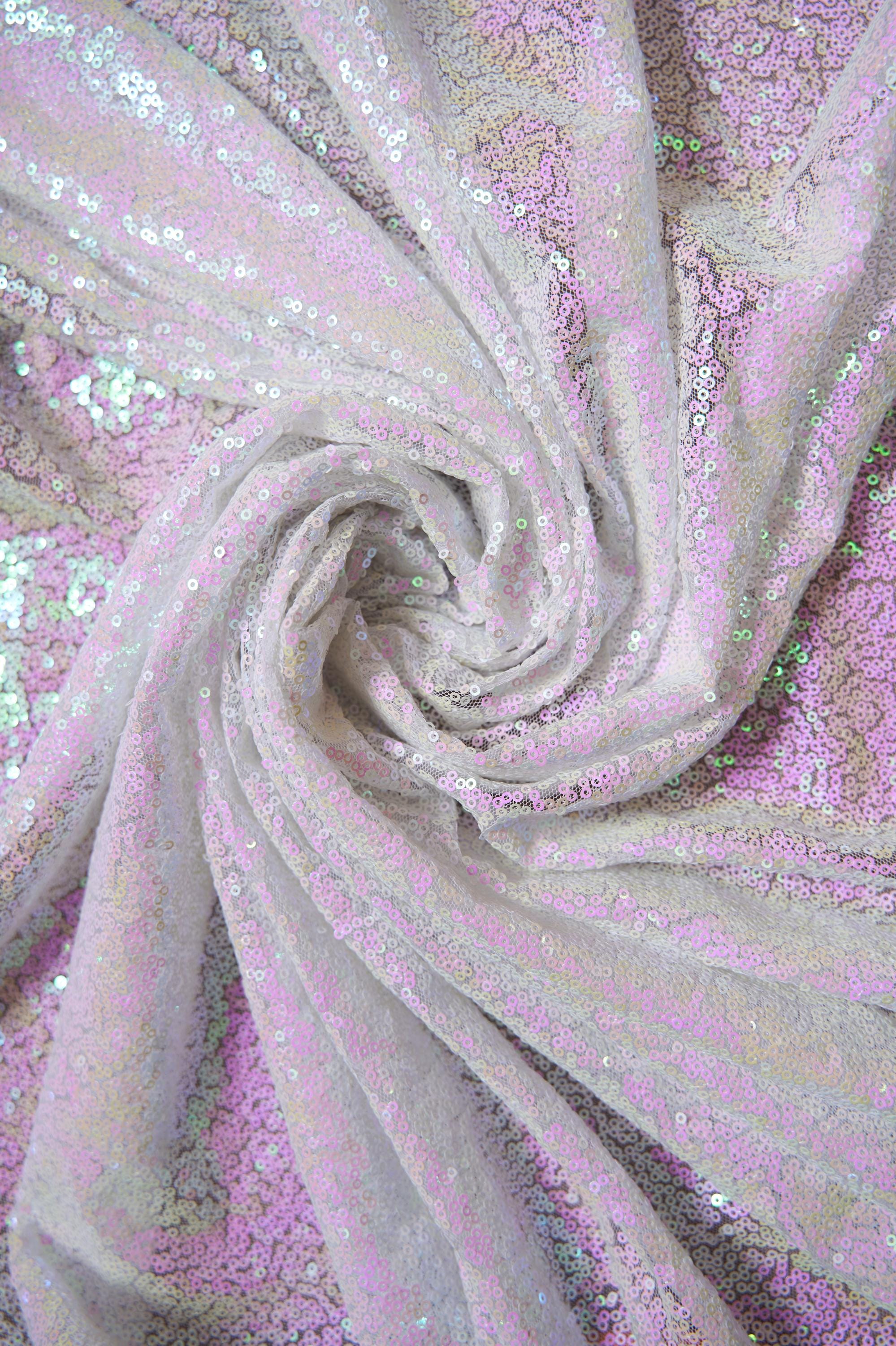 White Iridescent Sequins Fabric for Dresses, Glitter Mesh Material, Sparkly Wedding Fabric, Full Sequins on Mesh for DIY Sewing