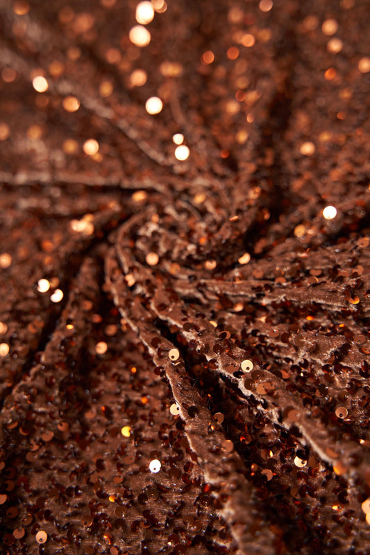 Luxury Chocolate Sequin On Velvet, 4-Way Super Stretchy Fabric by The Yard - Perfect for Garments, Evening Gowns and more. 58/60" Wide