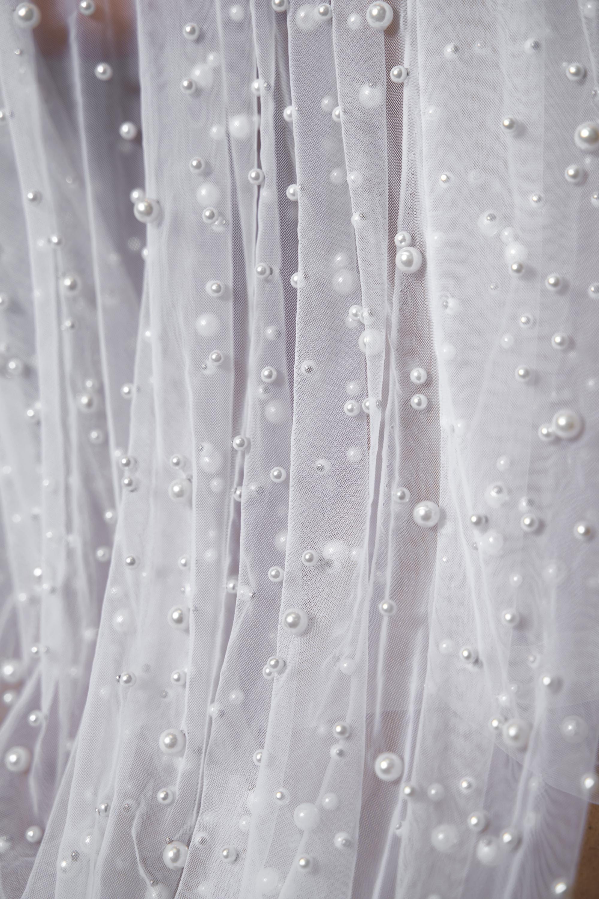 Beaded Tulle Fabric by the Yard | Pearls & Embroidered Lace Fabric | Handmade Bridal Lace for Dresses, Décor, Bridal Wear, Evening Gowns.