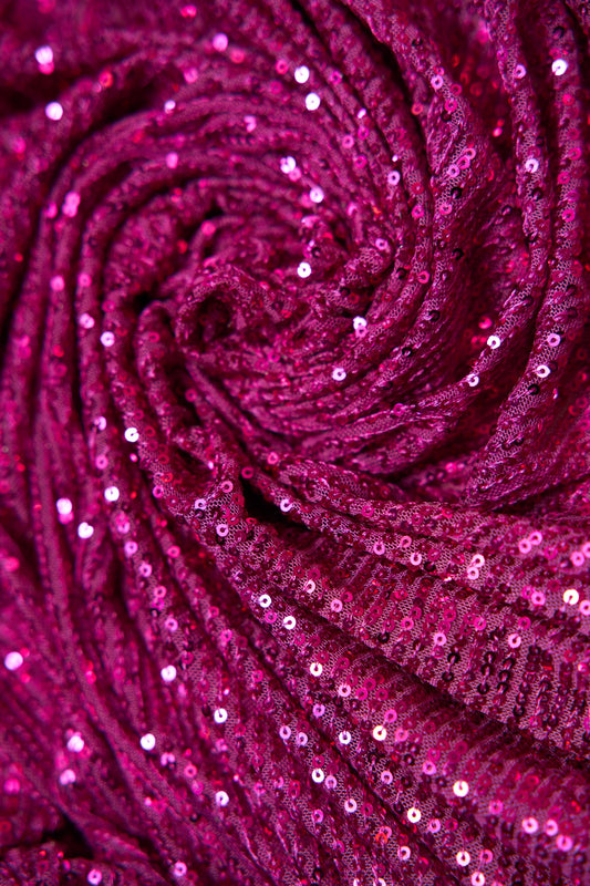 Iridescent Magenta Striped Sequin Fabric on Stretch Mesh - Shiny Glitter Sequins for Sewing, Crafting, Apparel, Costumes, DIY Projects. Prom