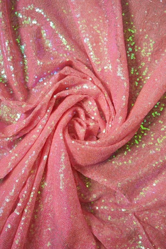 Coral Pink Sequin Fabric by the Yard | 3mm Iridescent Stretch Sequins on Mesh Shiny Glitz Fabric for Weddings, Parties, Costumes and Crafts.