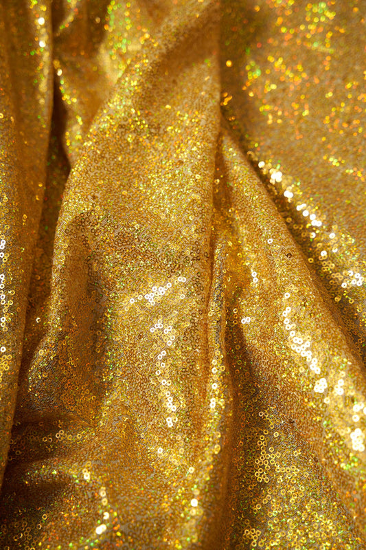 Gold Sequin Fabric by the Yard | 3mm Iridescent Stretch Sequins on Mesh | Shiny Glitz Fabric for Weddings, Parties, Costumes & Crafts, Prom