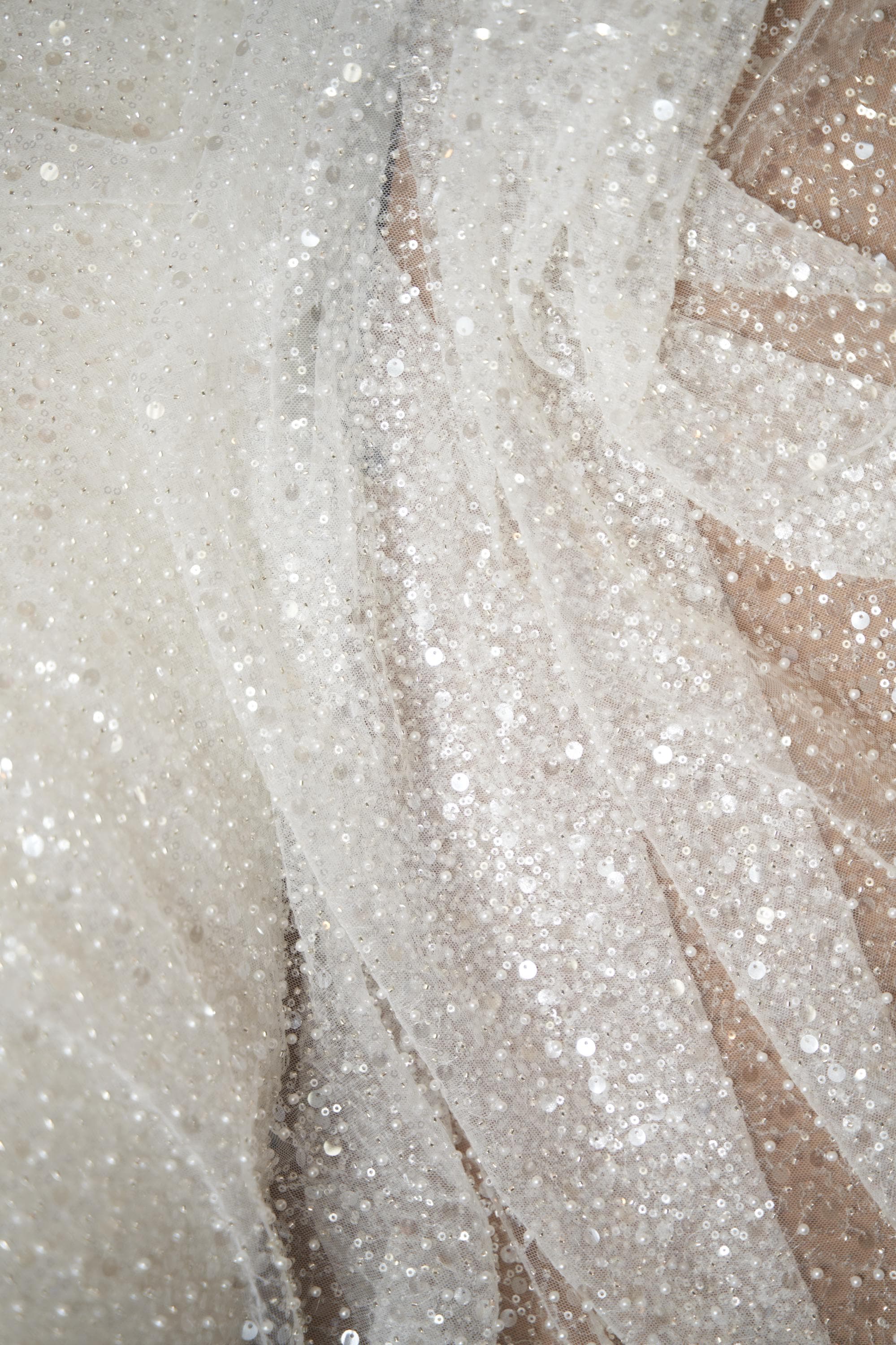 Exclusive Bridal Iridescent Beaded Embroidery Lace Fabric Premium Wedding Dress Lace, Soft Ivory, Luxury Beaded Lace Trim for Gowns & Veils.