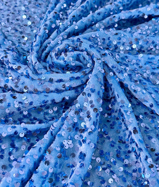 Baby Blue Velvet Sequin Fabric, Stretch Velvet Fabric by the Yard, Fashion Fabric, Luxury 2 Way Stretch Velvet Festival Fabric