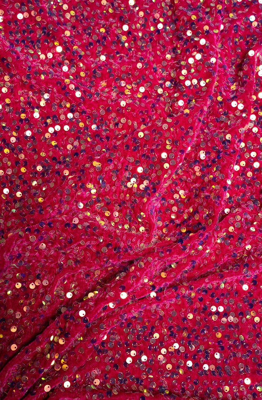 Fuchsia Iridescent Fabric, Velvet Sequin Fabric, Prom Dress Fabric by the Yard, Luxury 2 Way Stretch Velvet Wedding Fabric