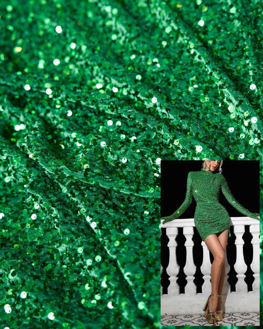 Kelly Green Sequins Velvet Fabric, Stretch Velvet Fashion Fabric, Fabric by the Yard, Shiny Sequin Fabric, Luxury Fabric