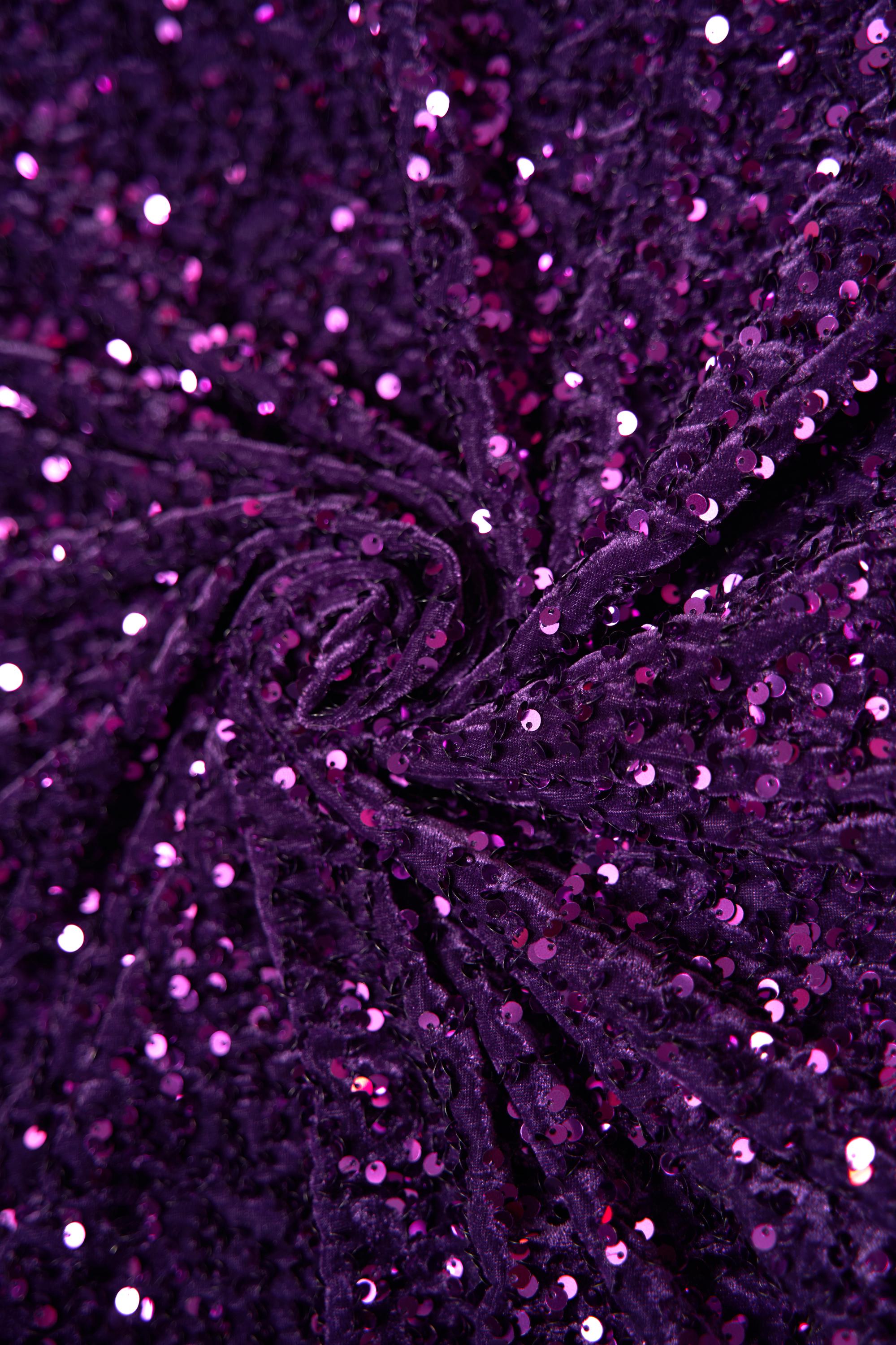 Plum Velvet Sequin Fabric, Stretch Velvet Fabric by the Yard, Luxury Fashion Fabric, Modern Shiny Fabric for Dresses