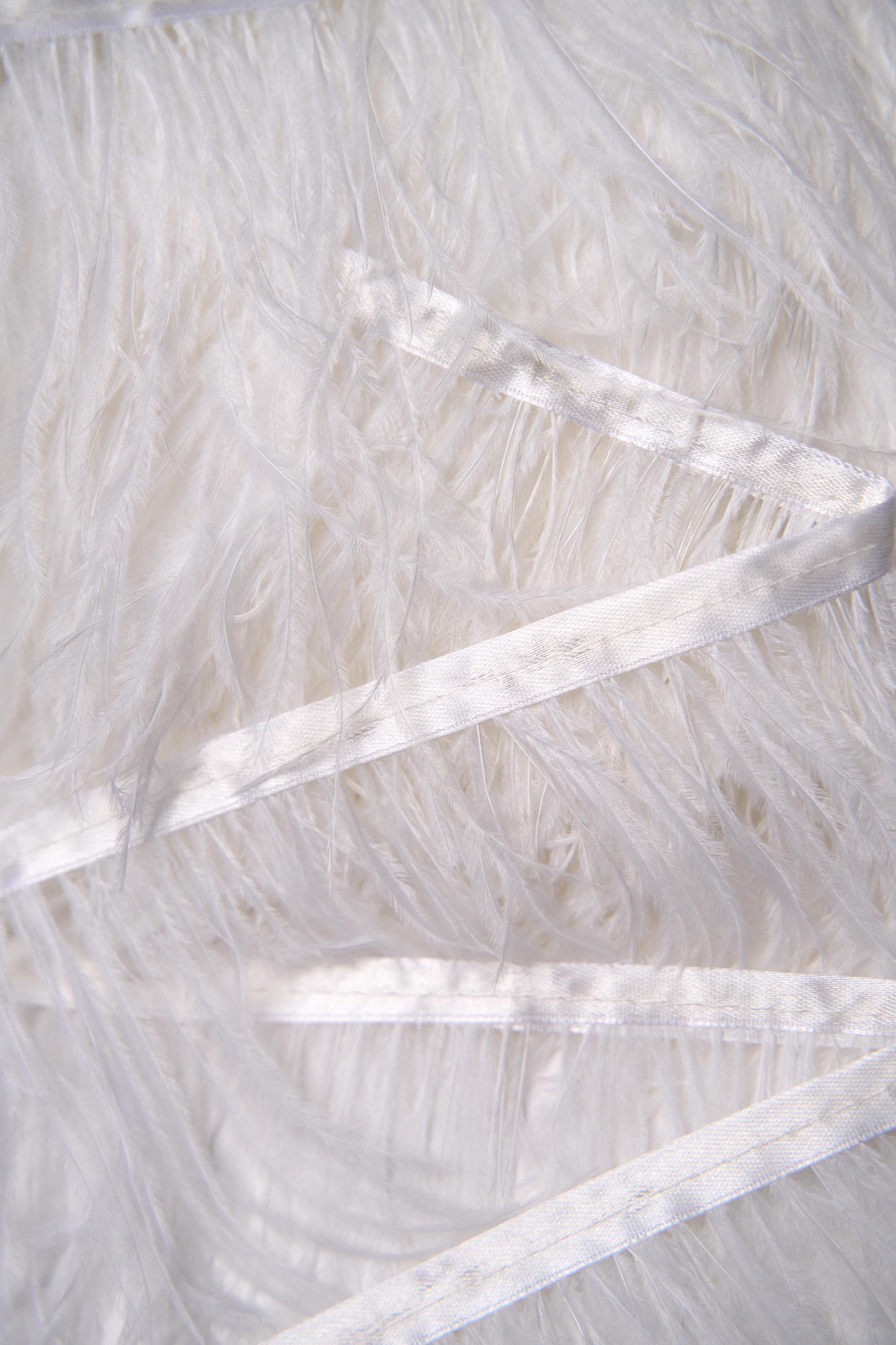 White Ostrich Feather Trim, Fringe with Satin Ribbon, Feather Trimming By The Yard, Ostrich Hair Trim, Feather Decoration