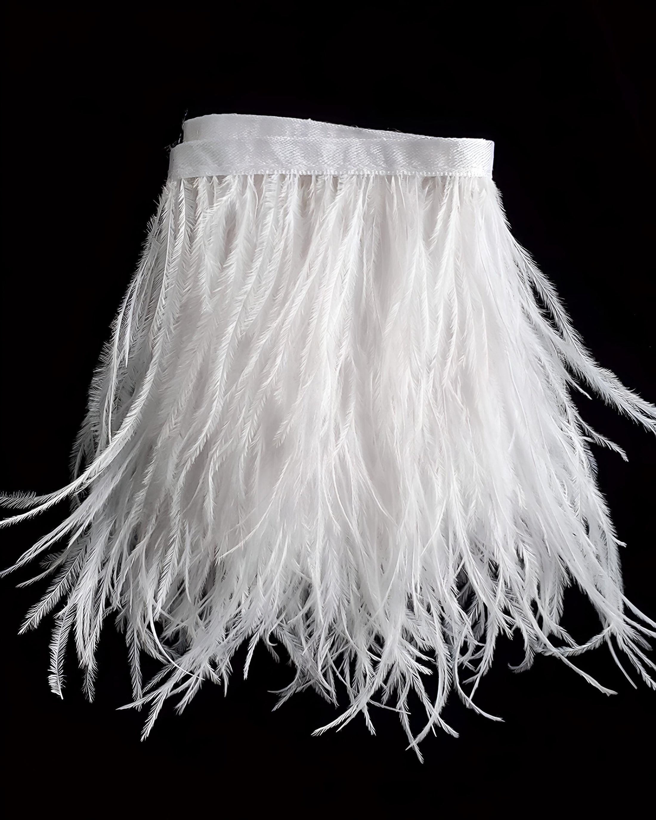 White Ostrich Feather Trim, Fringe with Satin Ribbon, Feather Trimming By The Yard, Ostrich Hair Trim, Feather Decoration