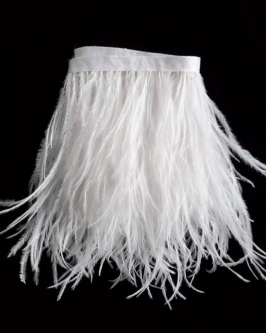 White Ostrich Feather Trim, Fringe with Satin Ribbon, Feather Trimming By The Yard, Ostrich Hair Trim, Feather Decoration