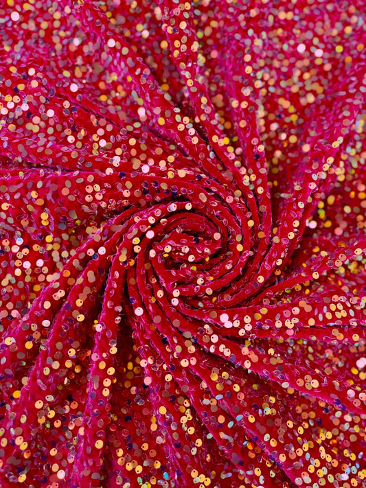 Fuchsia Iridescent Fabric, Velvet Sequin Fabric, Prom Dress Fabric by the Yard, Luxury 2 Way Stretch Velvet Wedding Fabric