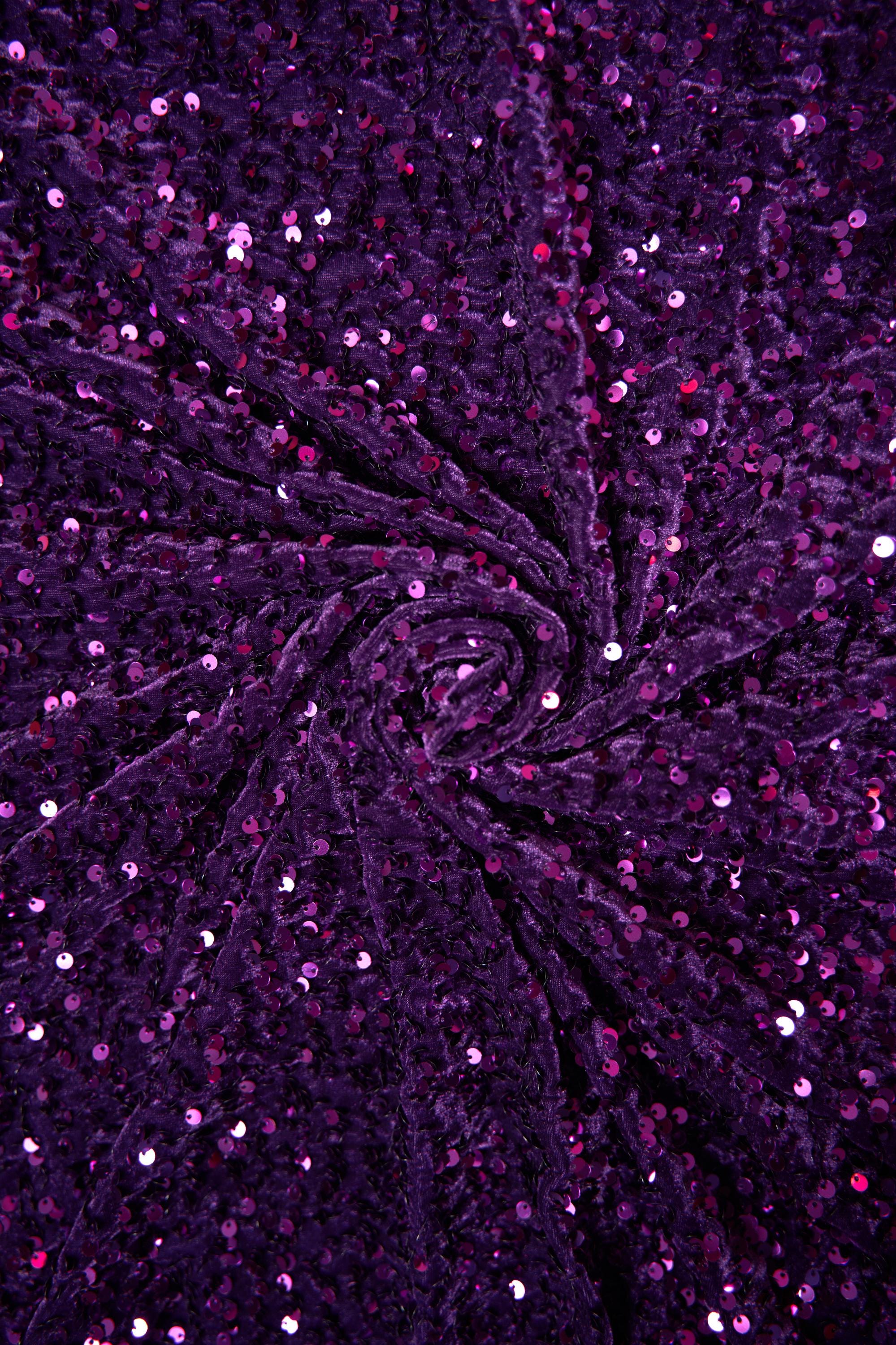 Plum Velvet Sequin Fabric, Stretch Velvet Fabric by the Yard, Luxury Fashion Fabric, Modern Shiny Fabric for Dresses