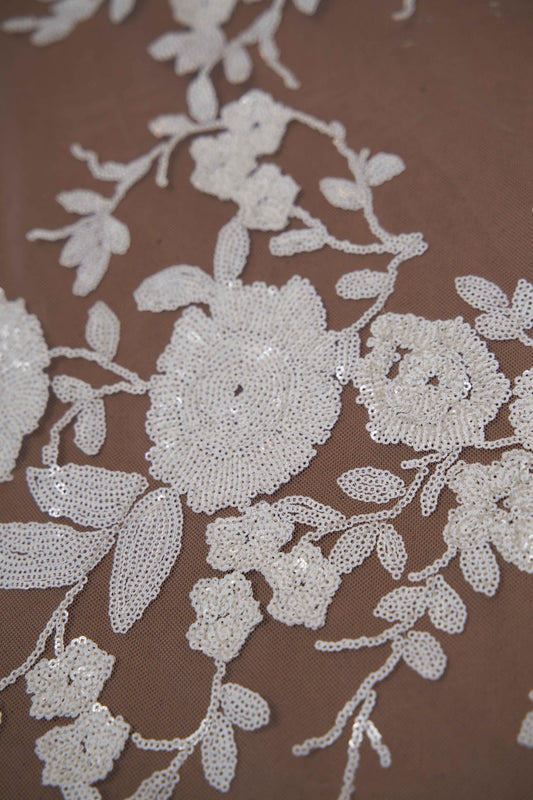 White Lace on Nude Mesh Fabric, 3D Floral Embroidered Lace, Stretch Lace Fabric By The Yard, Wedding Lace Fabric