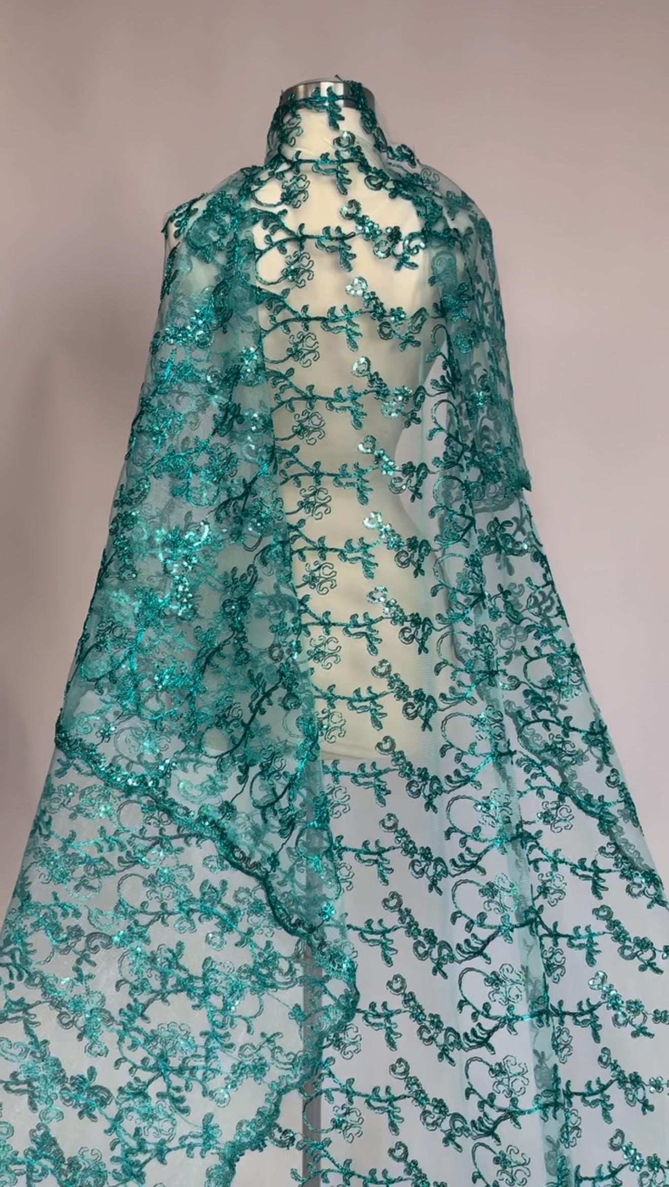 Floral Embroidery Lace Fabric, Jade Bridal Lace Fabric, Fashion Fabric by the Yard, Bridal Gown Lace, Elegant Evening Dress