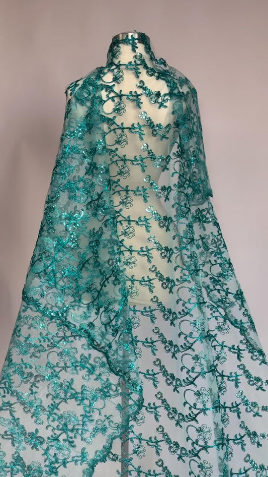 Floral Embroidery Lace Fabric, Jade Bridal Lace Fabric, Fashion Fabric by the Yard, Bridal Gown Lace, Elegant Evening Dress