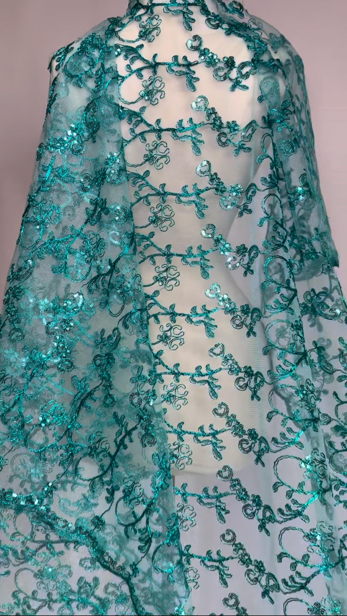 Floral Embroidery Lace Fabric, Jade Bridal Lace Fabric, Fashion Fabric by the Yard, Bridal Gown Lace, Elegant Evening Dress