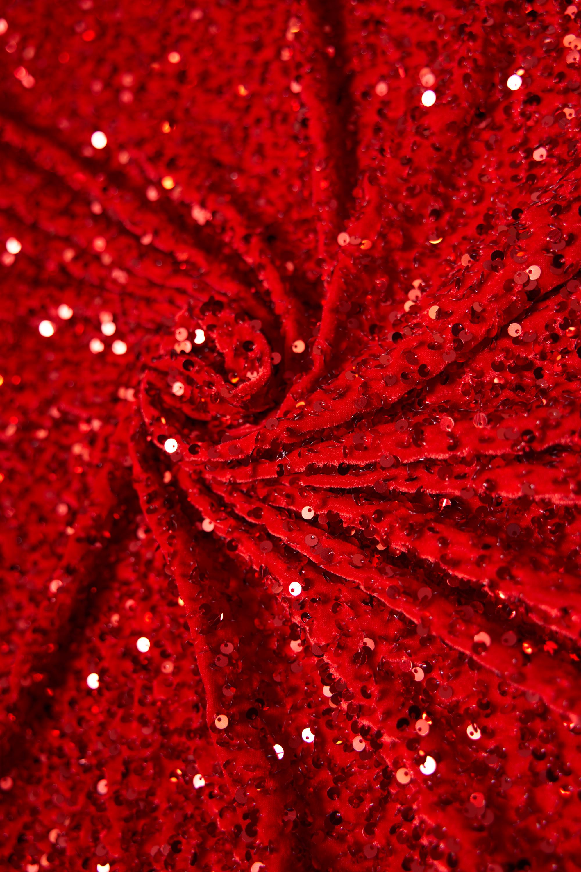 Red Velvet Fabric, Red Sequin Velvet by the Yard, Luxury Fashion Fabric, Stretch Shiny Fabric, Modern Shiny Fabric for Dresses