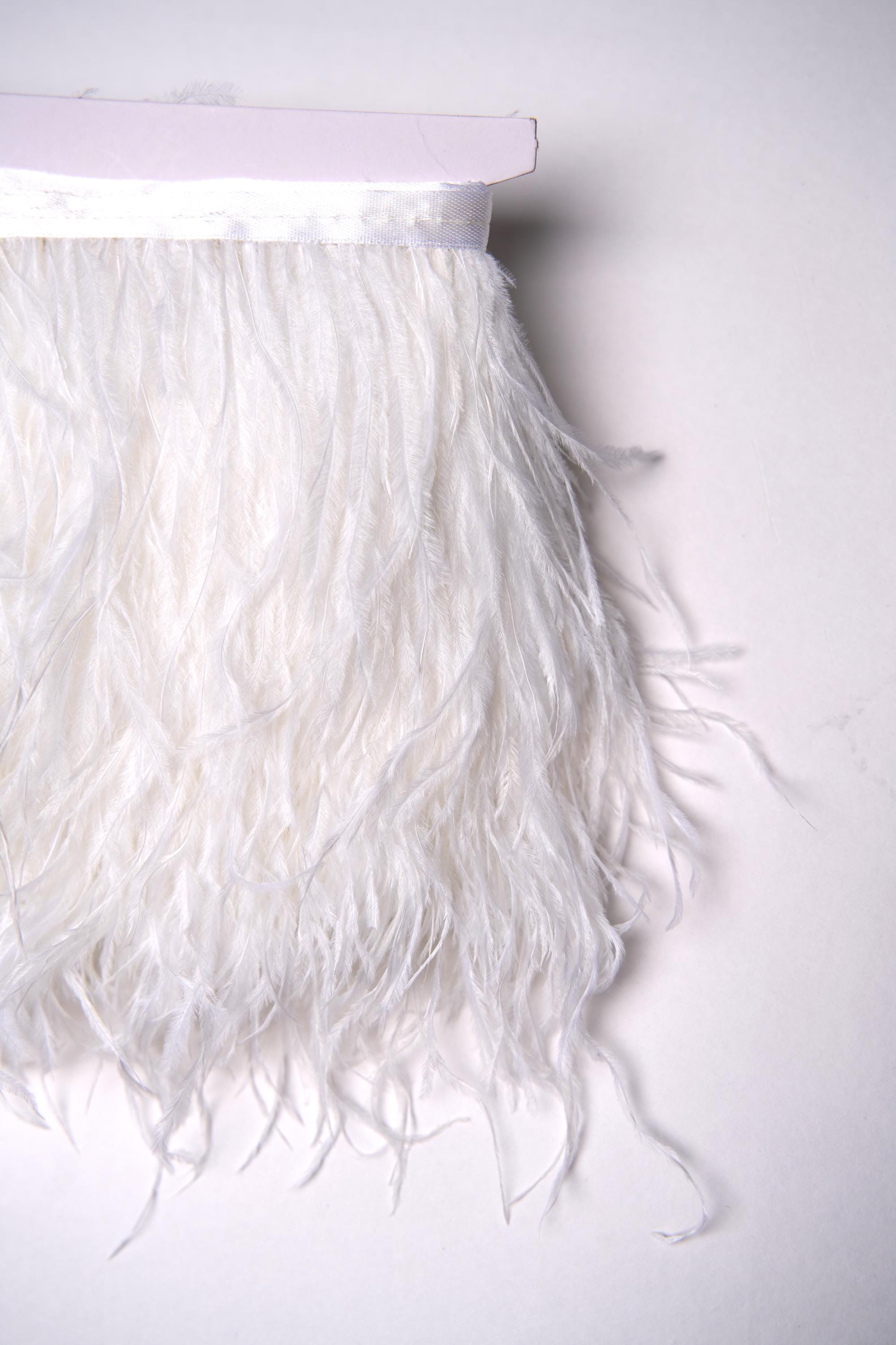White Ostrich Feather Trim, Fringe with Satin Ribbon, Feather Trimming By The Yard, Ostrich Hair Trim, Feather Decoration