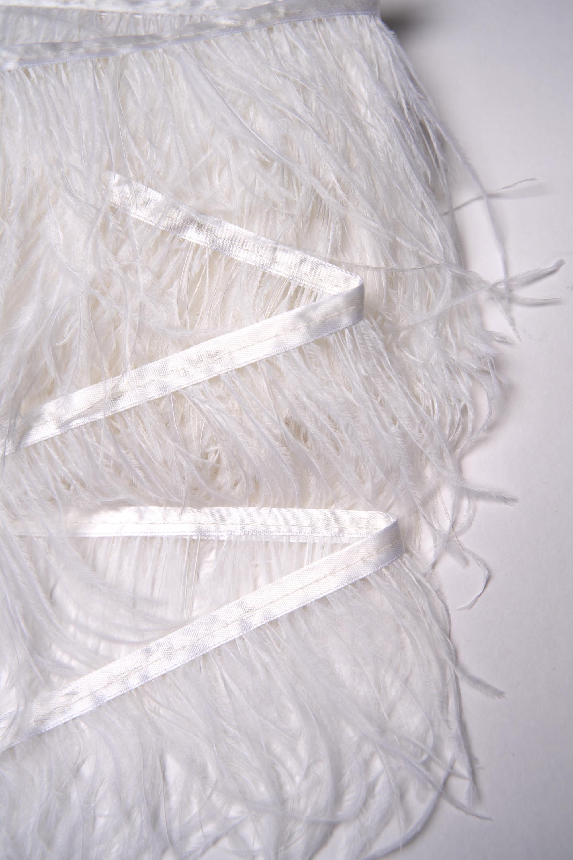 White Ostrich Feather Trim, Fringe with Satin Ribbon, Feather Trimming By The Yard, Ostrich Hair Trim, Feather Decoration